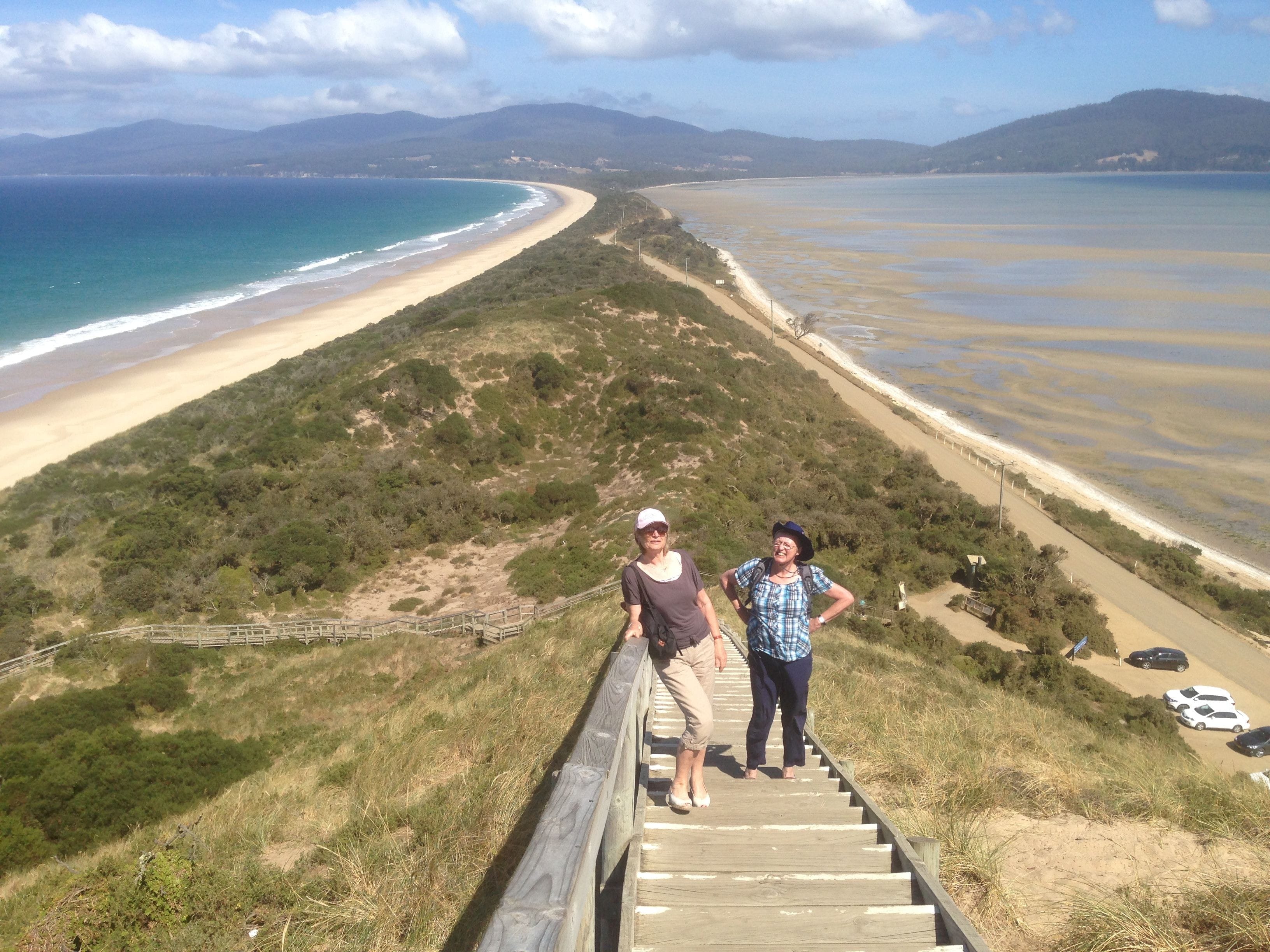 The Neck Lookout, Bruny Island, Adventure Bay on the left-hand side in the distance. Penguins land on beach by night.